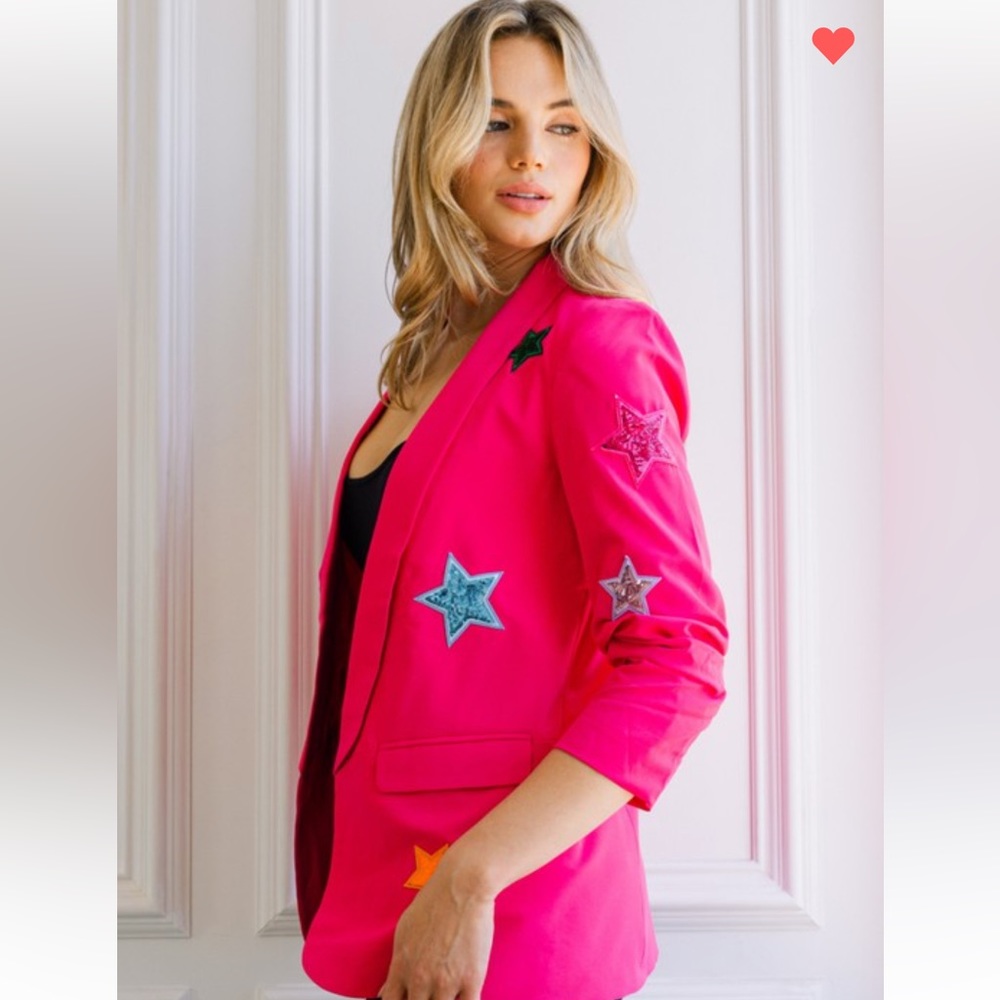 B126🌸Stunning sequin star hot pink blazer w/3/4 ruched sleeves-classy+ sassy!🌸 - Picture 5 of 11